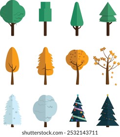 A collection of vibrant cartoon tree illustrations representing various seasons, including winter, autumn, and Christmas themes. Perfect for educational, decorative, or festive design projects