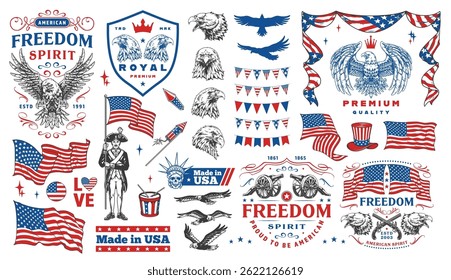 A collection of vibrant and colorful designs showcasing American symbols such as eagles hats and flags. These graphics represent themes of freedom and national pride perfect for celebrations.