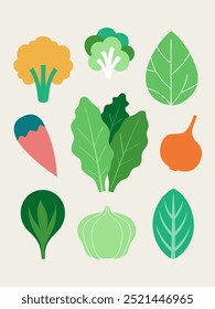 A collection of vibrant and colorful vegetables, perfect for adding a touch of freshness and life to your designs.  This vector illustration includes broccoli, kale, onion, and other vegetables.