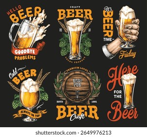 A collection of vibrant craft beer illustrations showcasing mugs pints and playful phrases about enjoying beer. Perfect for celebrations bars and casual gatherings.