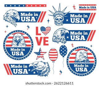 A collection of vibrant designs featuring symbols of American pride like eagles the Statue of Liberty and hearts. The colors red white and blue enhance the festive spirit.