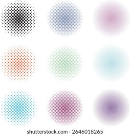 Collection of vibrant editable halftone dot pattern circles in various colors and styles. Perfect for pop art, modern design, comic elements, and graphic. Isolated on transparent background.