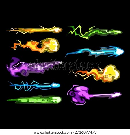 Collection of vibrant energy blast effects, illustrating various shooting projectiles, magic spells, and power attacks, ideal for game development or animation elements