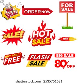 A collection of vibrant and eye-catching sale labels including tags like "Hot Sale", "Flash Sale", and "80% Off". Perfect for promoting discounts, limited-time offers, and product campaigns.
