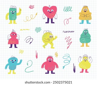 A collection of vibrant fancy characters surrounded by doodle scribbles. Elements for children's design.