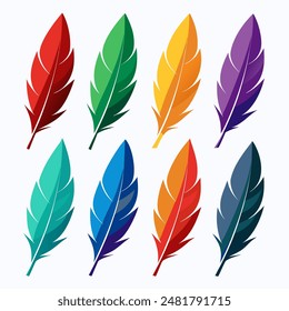 A collection of vibrant feathers against a backdrop of white