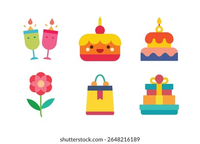 A collection of vibrant, flat design icons representing celebrations, including cakes, gifts, champagne, a shopping bag, and a flower.
