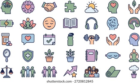 Collection of vibrant flat design icons illustrating mental health, self care, and personal development concepts for well being