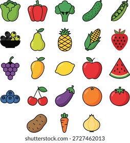 Uma coleção de ícones de design vibrantes e planos que representam uma variedade de frutas e legumes frescos, perfeitos para temas alimentares saudáveis e projetos culinários.