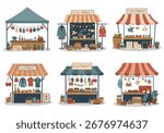 A collection of vibrant flea market stalls showcasing various vintage, handmade, and unique goods for sale in an outdoor setting.