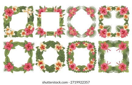 Uma coleção de quadros florais vibrantes com hibiscos e folhas tropicais. Perfeito para convites, saudações, projetos decorativos e projetos de natureza temática.
