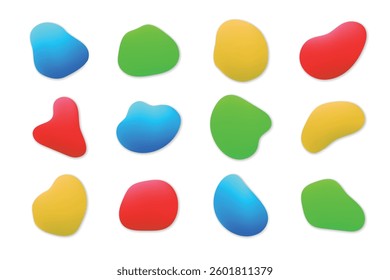 A collection of vibrant, fluid gradient blobs in red, blue, green, and yellow, arranged in an abstract modern pattern