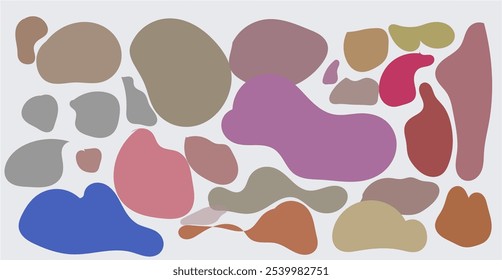 A collection of vibrant, fluid organic shapes in various colors, depicting freeform, asymmetrical blobs. These abstract, amorphous figures appear to morph randomly, creating a modern.