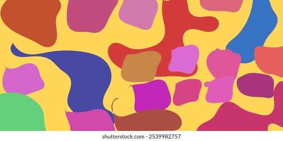 A collection of vibrant, fluid organic shapes in various colors, depicting freeform, asymmetrical blobs. These abstract, amorphous figures appear to morph randomly, creating a modern.