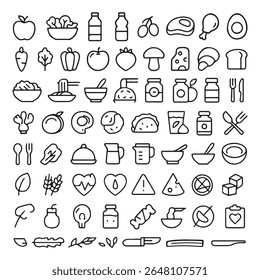 A collection of vibrant food and health icons featuring an apple and a salad, perfect for healthy eating or wellness themes.