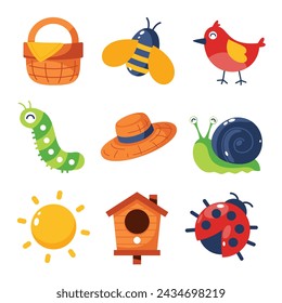 A collection of vibrant garden elements, including a picnic basket, bee, bird, caterpillar , straw hat, snail, sun, birdhouse, and ladybug, symbolizing the joyful essence of spring