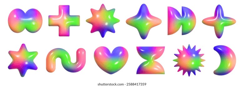 Collection of vibrant geometric 3D figures showcasing a glossy plastic texture and reflective elements with y2k aesthetics suitable for artistic designs.