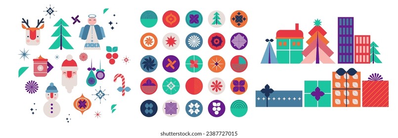 A collection of vibrant, geometric Christmas elements, including trees, gifts, and festive icons in a modern flat design style. Trendy, contemporary abstract design. Modern style. Flat vector illustra