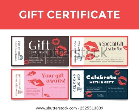 A collection of vibrant gift certificates showcasing attractive designs with lip prints and enticing discounts, perfect for special gifting occasions or promotions.