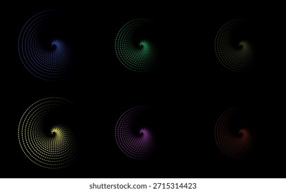 Una colección de diseños de luz vibrantes y brillantes contra un fondo negro, mostrando varios colores y Formas.