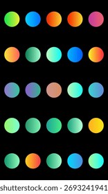 Coleção de círculos de gradiente vibrantes dispostos em uma grade em um plano de fundo preto.