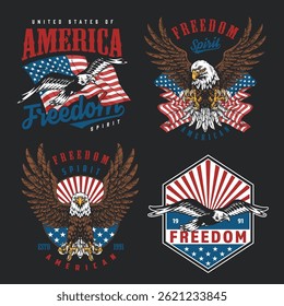 Collection of vibrant graphic designs featuring American themes. Elements include eagles stars and stripes celebrating freedom and patriotism in a bold artistic style.