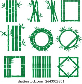 Collection of vibrant green bamboo design elements. Includes various frames, patterns, and arrangements, isolated on a clean white background. Perfect for adding a natural, 