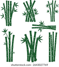 Collection of vibrant green bamboo stalks in various arrangements, isolated on a clean white background. Perfect for design projects needing a natural, Asian-inspired element.