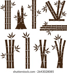 Collection of vibrant green bamboo stalks in various configurations, isolated on a clean white background. Perfect for design projects needing a natural, Asian-inspired element.