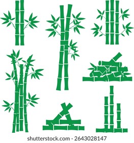 Collection of vibrant green bamboo stalks in various arrangements and growth stages, isolated on a white background. Perfect for design projects needing a natural, Asian-inspired element.