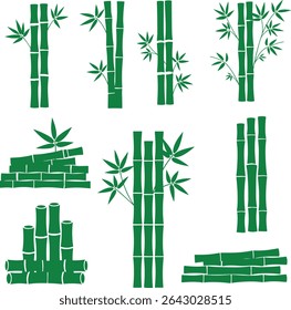 Collection of vibrant green bamboo stalks in various arrangements. Isolated on a white background,projects needing natural elements. Includes single stalks, bundles, and stacked configurations.