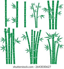 Collection of vibrant green bamboo stalks in various arrangements, isolated on a clean white background. Perfect for design projects needing a natural, Asian-inspired element.