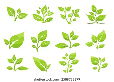 Collection of vibrant green leaf illustrations showcasing various plant shapes and designs ideal for eco-friendly projects