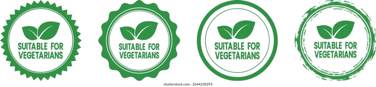 Collection of vibrant green vegetarian badges with leaf icons, perfect for food labels and dietary design. Ideal for showcasing plant-based products, healthy eating, and eco-friendly brands.