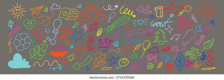 Colección de vibrantes iconos de doodle dibujados a mano con Formas caprichosas como estrellas corazones soles y Elementos de la naturaleza dispersos en un fondo gris oscuro que crean un diseño divertido y enérgico tex