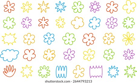 Collection of vibrant hand drawn flower doodles and abstract shapes in outline style. Includes 40 unique colorful vector elements for spring and playful designs. Vector EPS 10
