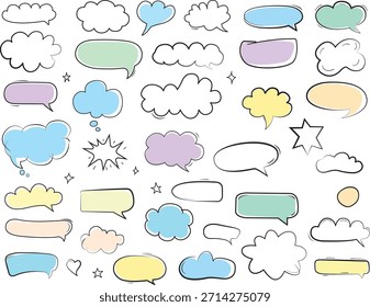 Uma coleção de vibrantes balões de fala, pensamento e texto desenhados à mão em várias formas e cores para comunicação, quadrinhos e design gráfico.