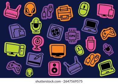 Uma coleção de ícones eletrônicos vibrantes desenhados à mão, incluindo gadgets, computadores, acessórios e periféricos. Perfeito para adesivos digitais, infográficos e projetos relacionados à tecnologia.