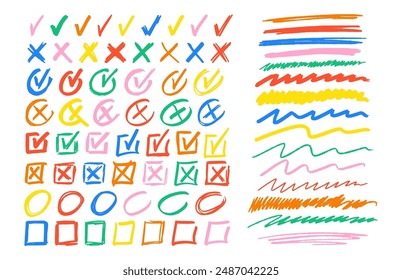 Collection Of Vibrant Hand-drawn Elements, Markers Or Manuscript Doodles Including Check Marks, X Marks, Circles