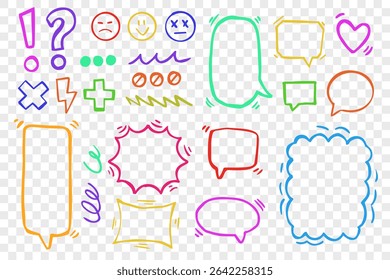 A collection of vibrant hand-drawn speech bubbles and decorative symbols on a transparent backdrop. Ideal for designing comic-style layouts, creative edits, or lively visual content