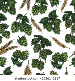 Uma coleção de lúpulo vibrante e ilustrações de cevada em um fundo branco mostra os ingredientes essenciais usados na fabricação de cerveja. Ideal para entusiastas de cerveja e cervejeiros.