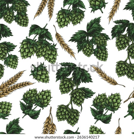 A collection of vibrant hops and barley illustrations on a white background showcases the essential ingredients used in brewing beer. Ideal for beer enthusiasts and brewers.