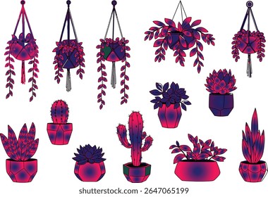 Collection of Vibrant Houseplants in Geometric Pots A Botanical Display of Hanging and Potted Plants in Shades of Pink and Purple An Artistic Botanical Illustration of Domestic Greenery