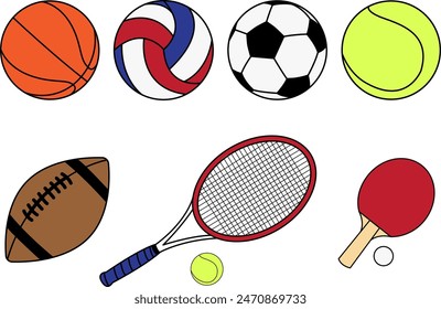 Collection of Vibrant Icons Depicting Popular Sports Equipment Like Balls and Rackets. Soccer, Basketball, Volleyball, Football Graphic Set. 