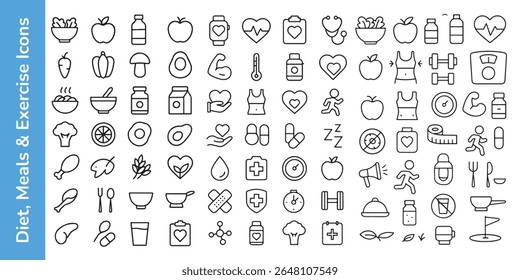 A collection of vibrant icons representing healthy eating, fitness, and a balanced lifestyle for modern wellness.