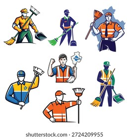 Eine Sammlung lebendiger Illustrationen, die verschiedene Hausmeister und Reiniger in verschiedenen Posen zeigen, Besen, Schaufeln und andere Reinigungswerkzeuge halten und ihre Uniformen und Ausrüstung zeigen.