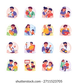 Una colección de ilustraciones vibrantes, cada una representando un escenario de atención médica único.