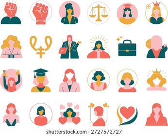 Colección de ilustraciones vibrantes que representan los derechos de las mujeres, la diversidad profesional y los logros personales, mostrando diferentes aspectos de la fortaleza e independencia de las mujeres