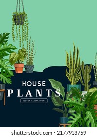 A collection of vibrant indoor house plants in pots. Botanical vector illustration.