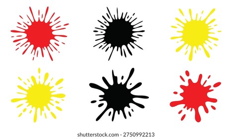 Collection of vibrant ink splat icons in various shapes and colors like red yellow and black perfect for modern art banners graffiti posters or comic book backgrounds and creative textures